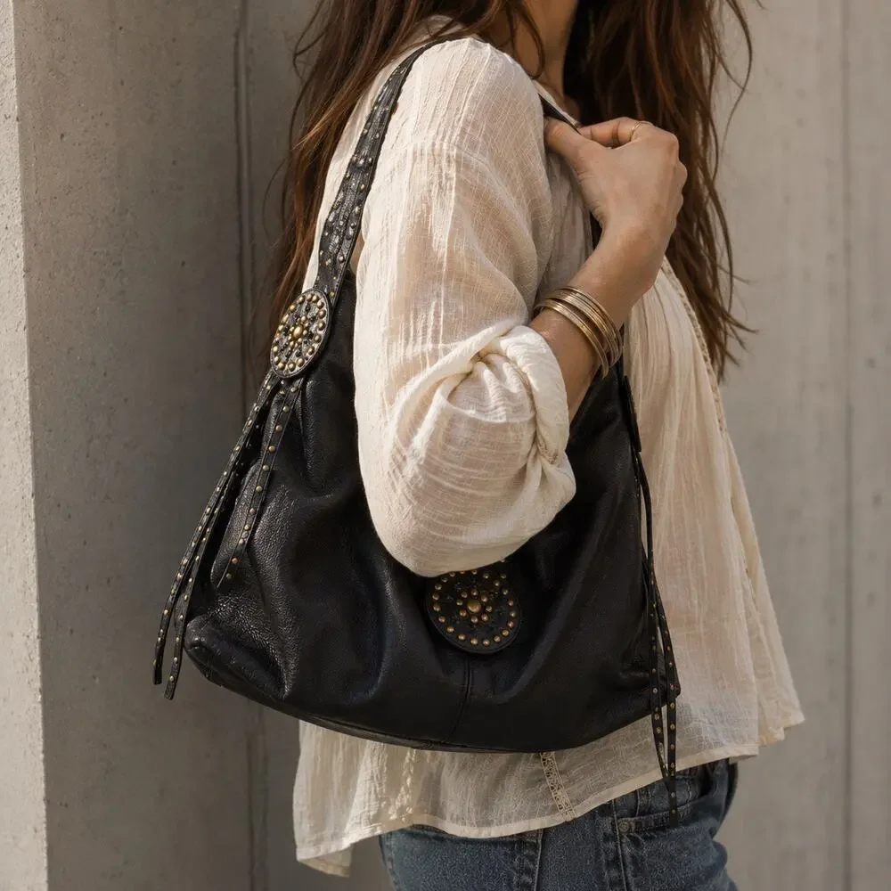 Perlina Black Genuine Leather Studded Hobo Shoulder Bag Boho